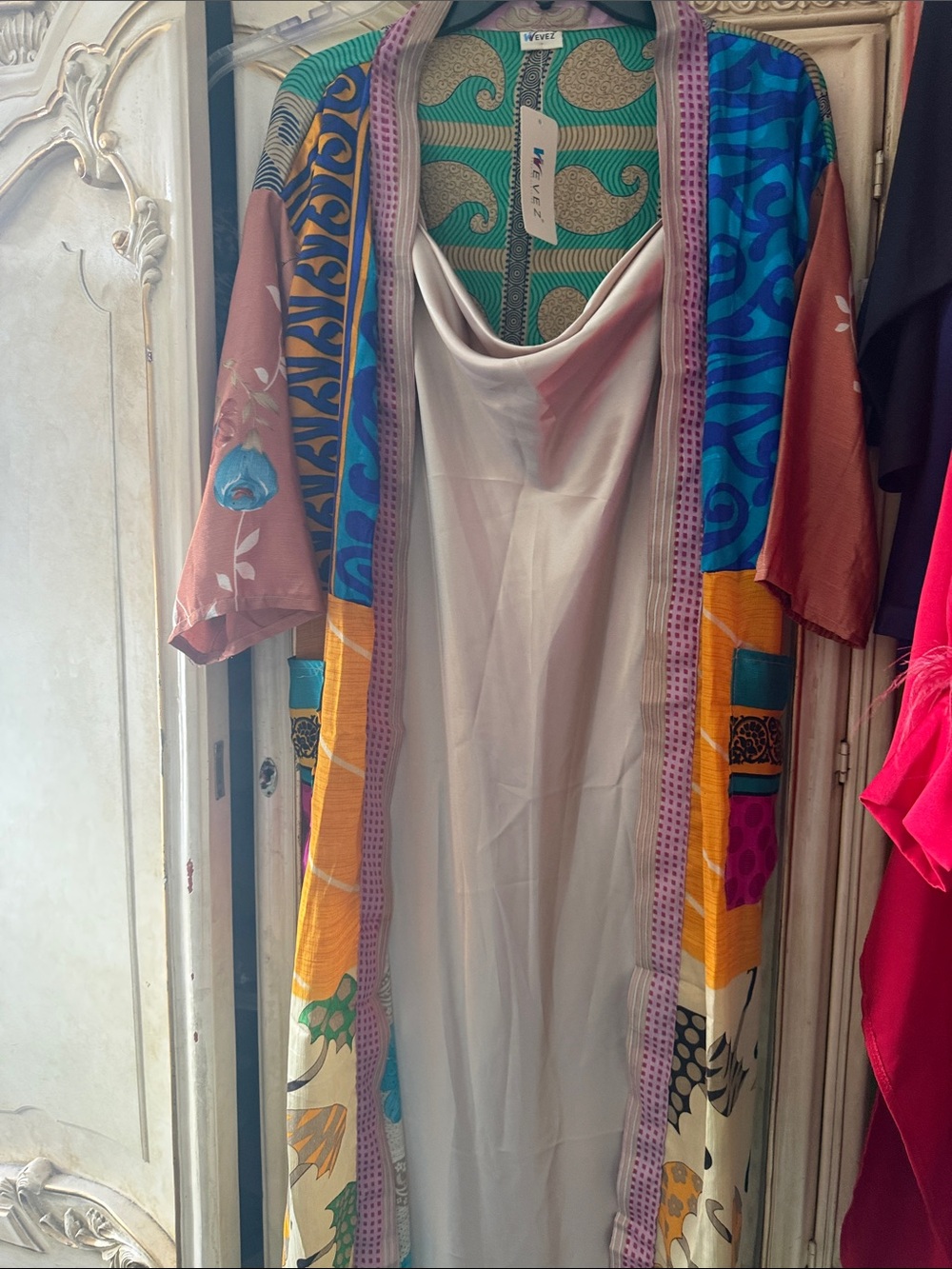 Silky Ivory Slip Dress with Multicolor Printed Kimono